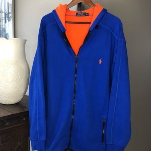 Men Polo Hoodie, perfect condition, Extra large tall, blue and orange